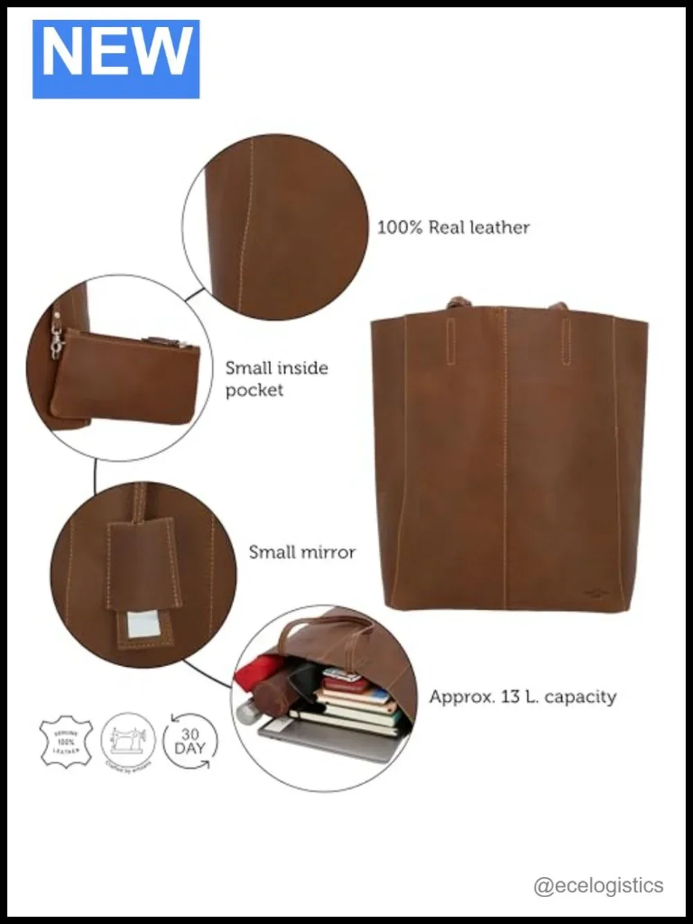 Genuine Cowhide Leather Tote Bag for Women, Fits 15